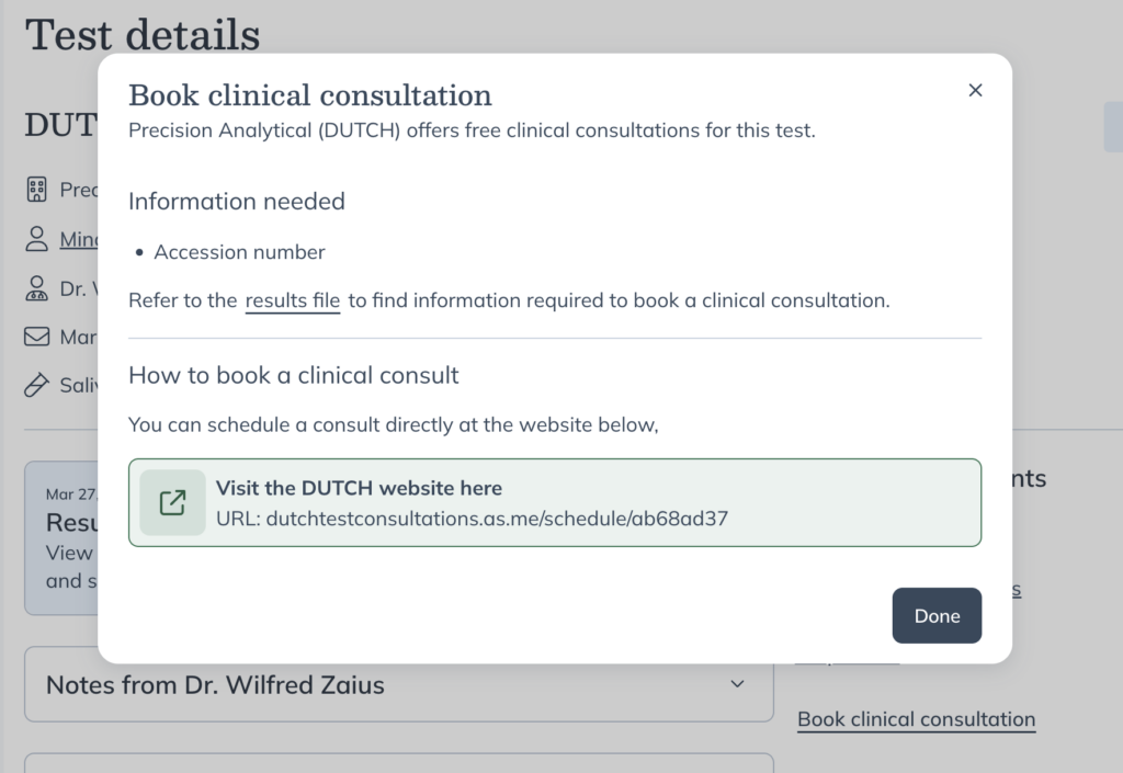 Example of the Book clinical consultation dialog showing lab-specific booking instructions.